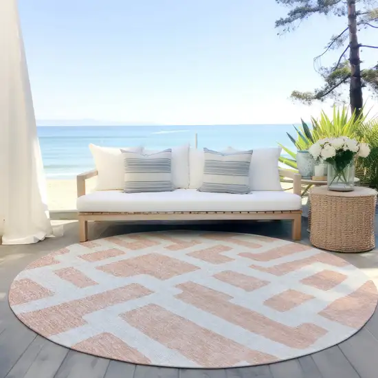 8' Peach And Gray Round Abstract Washable Indoor Outdoor Area Rug Photo 6