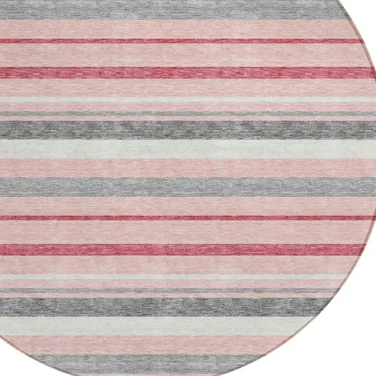 8' Pink And Gray Round Striped Washable Indoor Outdoor Area Rug Photo 5