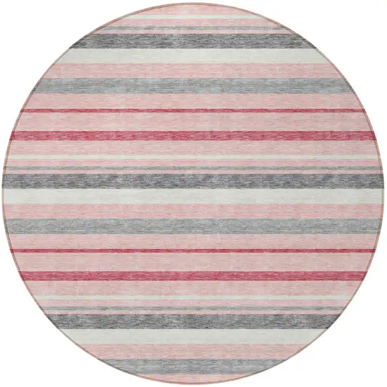 8' Pink And Gray Round Striped Washable Indoor Outdoor Area Rug Photo 6