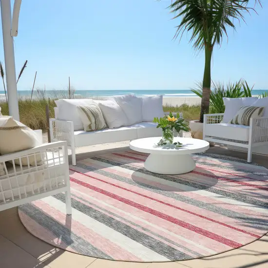 8' Pink And Gray Round Striped Washable Indoor Outdoor Area Rug Photo 7