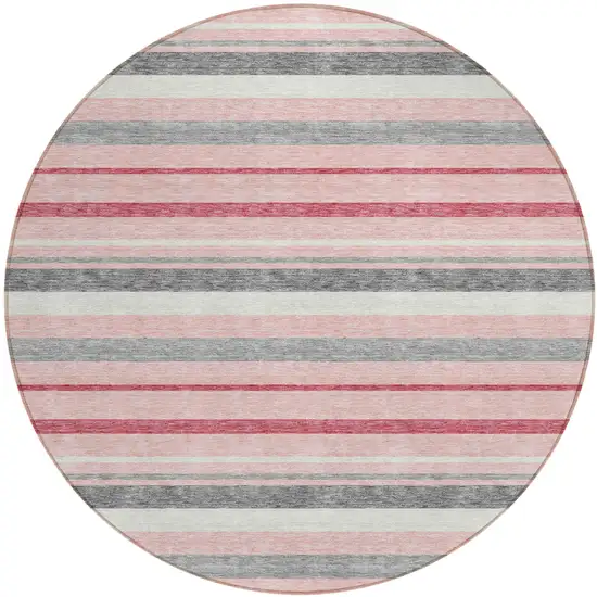 8' Pink And Gray Round Striped Washable Indoor Outdoor Area Rug Photo 2