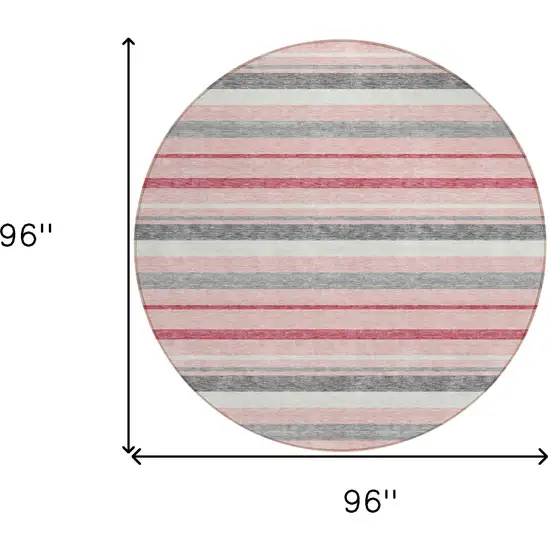 8' Pink And Gray Round Striped Washable Indoor Outdoor Area Rug Photo 3