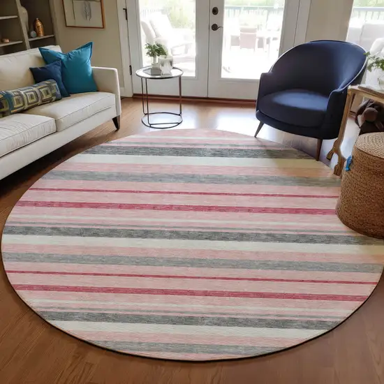 8' Pink And Gray Round Striped Washable Indoor Outdoor Area Rug Photo 8