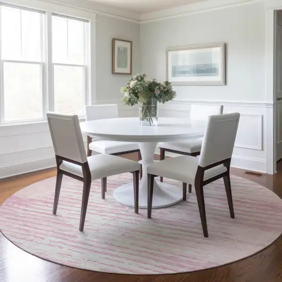 8' Pink And Gray Round Striped Washable Indoor Outdoor Area Rug Photo 9