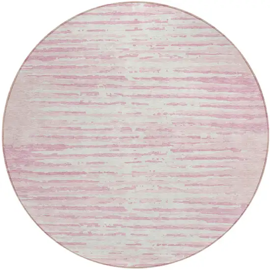 8' Pink And Gray Round Striped Washable Indoor Outdoor Area Rug Photo 2