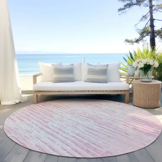 8' Pink And Gray Round Striped Washable Indoor Outdoor Area Rug Photo 8