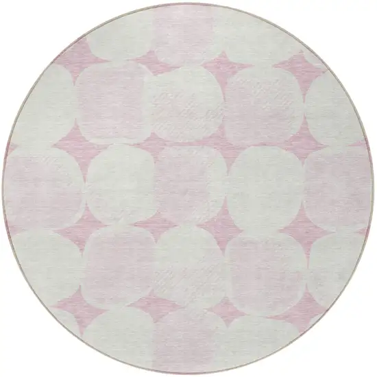 8' Pink And Ivory Round Abstract Washable Indoor Outdoor Area Rug Photo 5