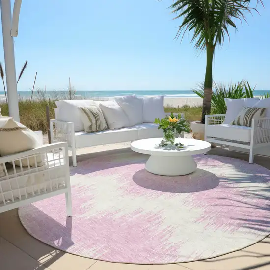 8' Pink And Ivory Round Chevron Washable Indoor Outdoor Area Rug Photo 6