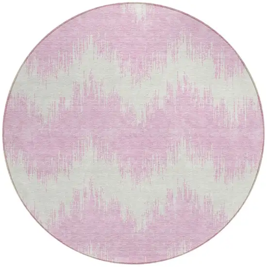 8' Pink And Ivory Round Chevron Washable Indoor Outdoor Area Rug Photo 5