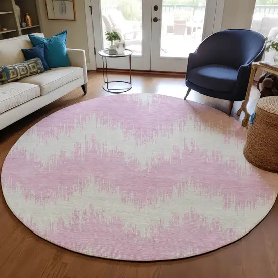 8' Pink And Ivory Round Chevron Washable Indoor Outdoor Area Rug Photo 7