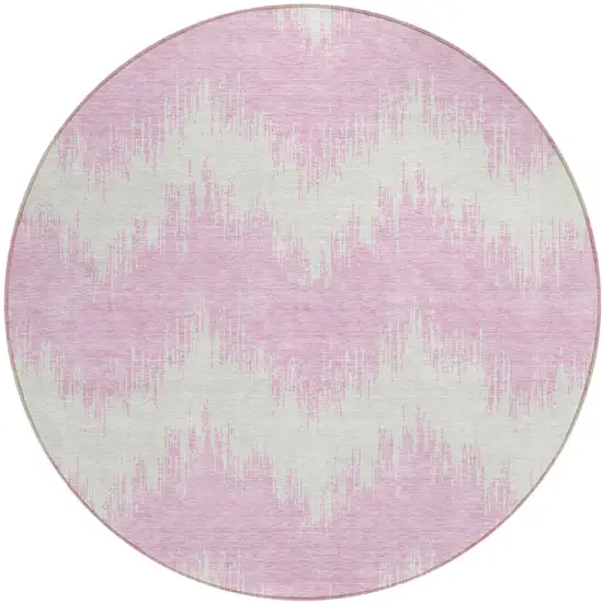 8' Pink And Ivory Round Chevron Washable Indoor Outdoor Area Rug Photo 2