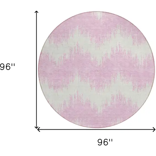 8' Pink And Ivory Round Chevron Washable Indoor Outdoor Area Rug Photo 3