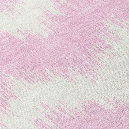 8' Pink And Ivory Round Chevron Washable Indoor Outdoor Area Rug Photo 8