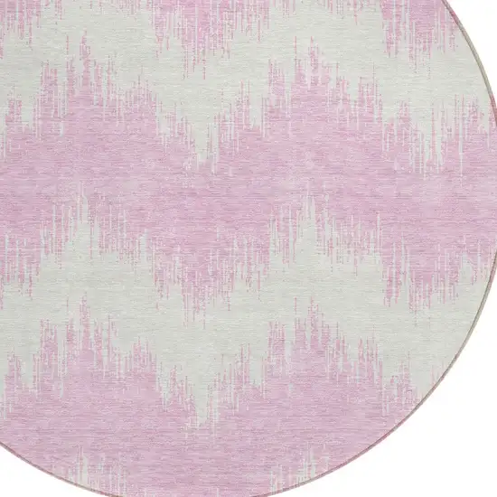 8' Pink And Ivory Round Chevron Washable Indoor Outdoor Area Rug Photo 4