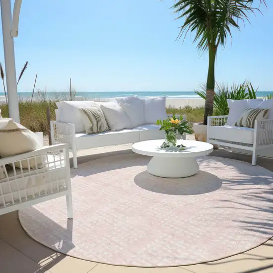 8' Pink And Ivory Round Geometric Washable Indoor Outdoor Area Rug Photo 6