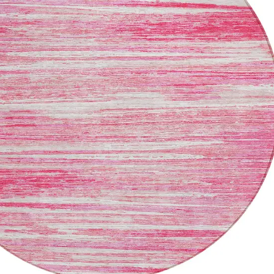 8' Pink And Ivory Round Striped Washable Indoor Outdoor Area Rug Photo 4