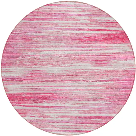 8' Pink And Ivory Round Striped Washable Indoor Outdoor Area Rug Photo 2