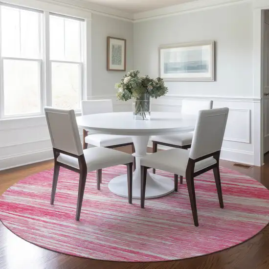 8' Pink And Ivory Round Striped Washable Indoor Outdoor Area Rug Photo 7