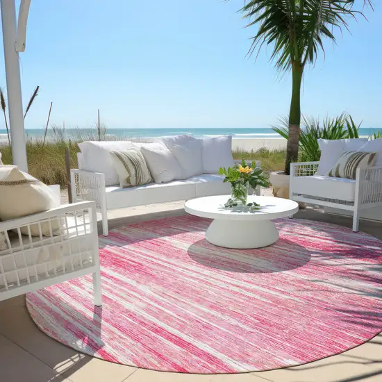 8' Pink And Ivory Round Striped Washable Indoor Outdoor Area Rug Photo 6