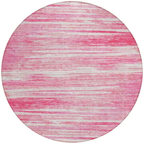 8' Pink And Ivory Round Striped Washable Indoor Outdoor Area Rug Photo 5