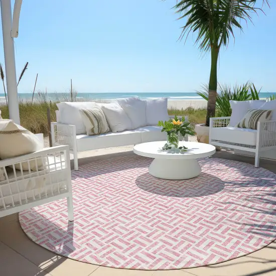 8' Pink And Silver Round Geometric Washable Indoor Outdoor Area Rug Photo 6