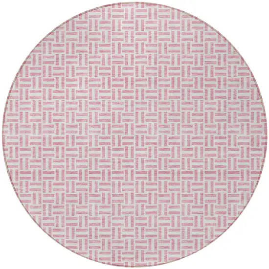 8' Pink And Silver Round Geometric Washable Indoor Outdoor Area Rug Photo 5