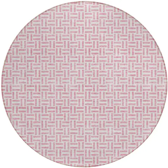 8' Pink And Silver Round Geometric Washable Indoor Outdoor Area Rug Photo 2