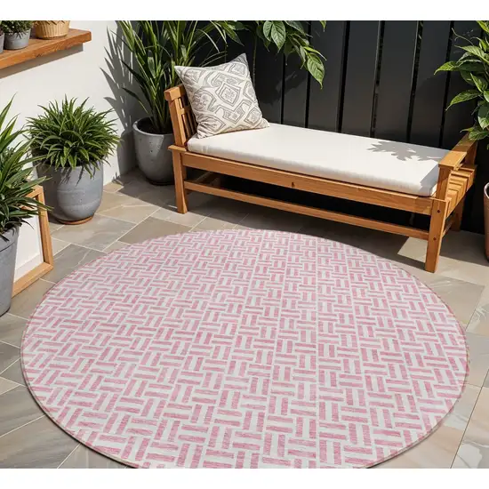 8' Pink And Silver Round Geometric Washable Indoor Outdoor Area Rug Photo 1