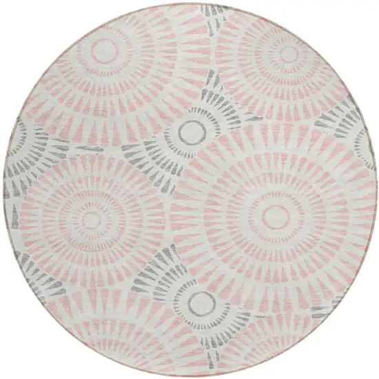 8' Pink Gray And Ivory Round Geometric Washable Indoor Outdoor Area Rug Photo 2