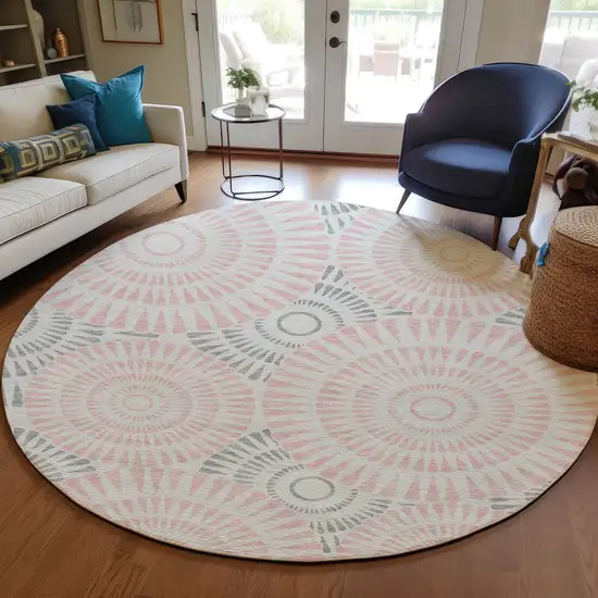 8' Pink Gray And Ivory Round Geometric Washable Indoor Outdoor Area Rug Photo 8