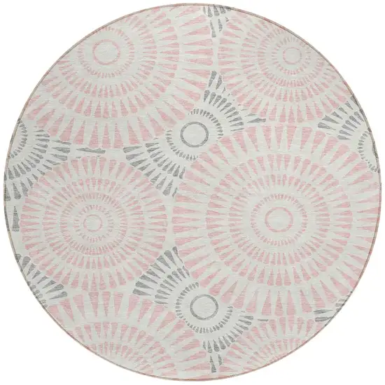 8' Pink Gray And Ivory Round Geometric Washable Indoor Outdoor Area Rug Photo 6