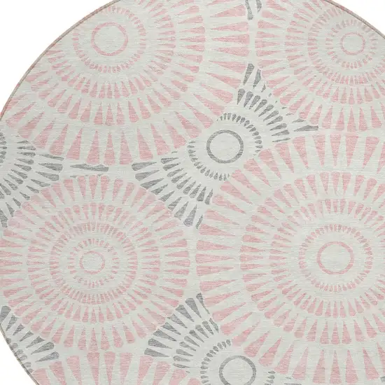 8' Pink Gray And Ivory Round Geometric Washable Indoor Outdoor Area Rug Photo 5