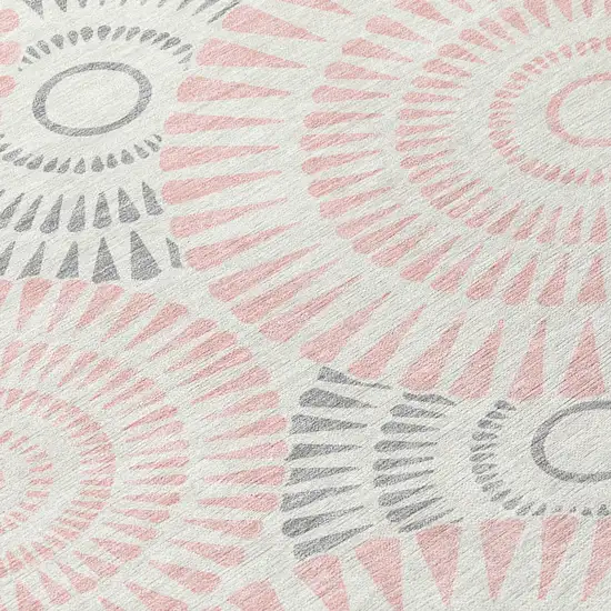8' Pink Gray And Ivory Round Geometric Washable Indoor Outdoor Area Rug Photo 4