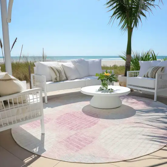 8' Pink Gray And Ivory Round Geometric Washable Indoor Outdoor Area Rug Photo 6