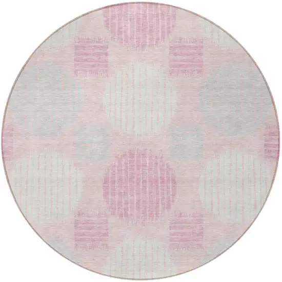8' Pink Gray And Ivory Round Geometric Washable Indoor Outdoor Area Rug Photo 5