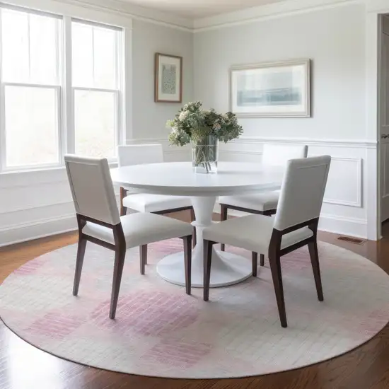 8' Pink Gray And Ivory Round Geometric Washable Indoor Outdoor Area Rug Photo 7