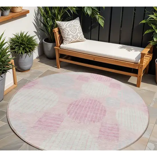 8' Pink Gray And Ivory Round Geometric Washable Indoor Outdoor Area Rug Photo 1