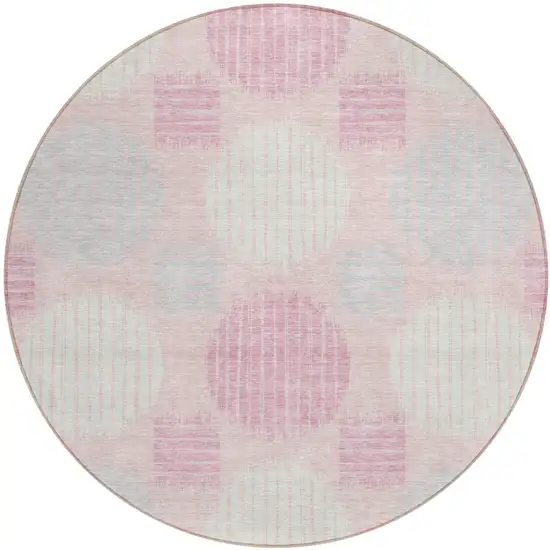 8' Pink Gray And Ivory Round Geometric Washable Indoor Outdoor Area Rug Photo 2