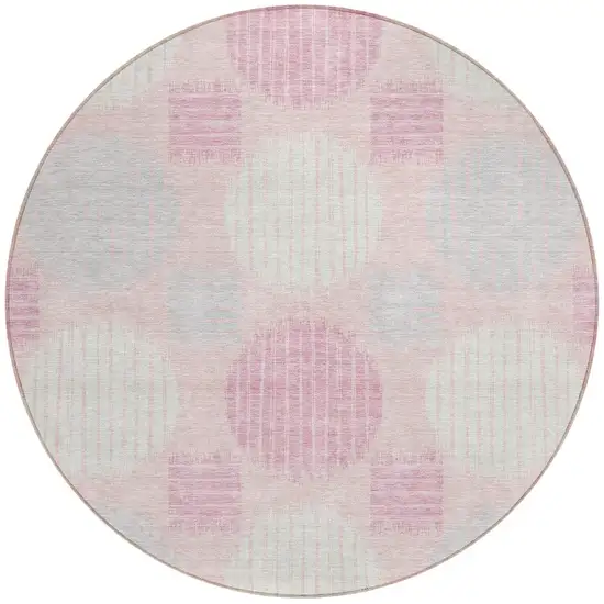 8' Pink Gray And Ivory Round Geometric Washable Indoor Outdoor Area Rug Photo 4