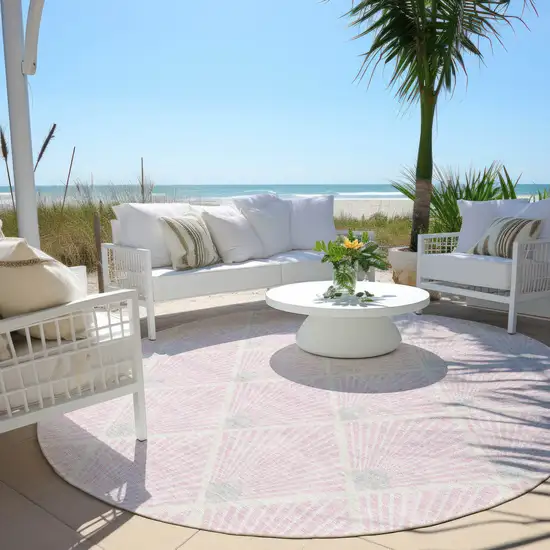 8' Pink Gray And Ivory Round Geometric Washable Indoor Outdoor Area Rug Photo 7