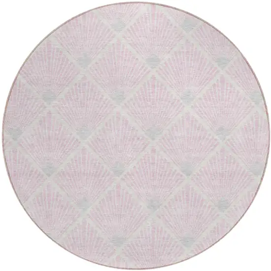8' Pink Gray And Ivory Round Geometric Washable Indoor Outdoor Area Rug Photo 2