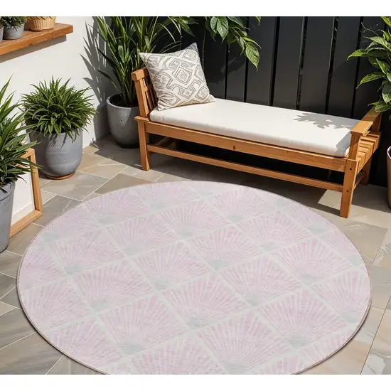 8' Pink Gray And Ivory Round Geometric Washable Indoor Outdoor Area Rug Photo 1