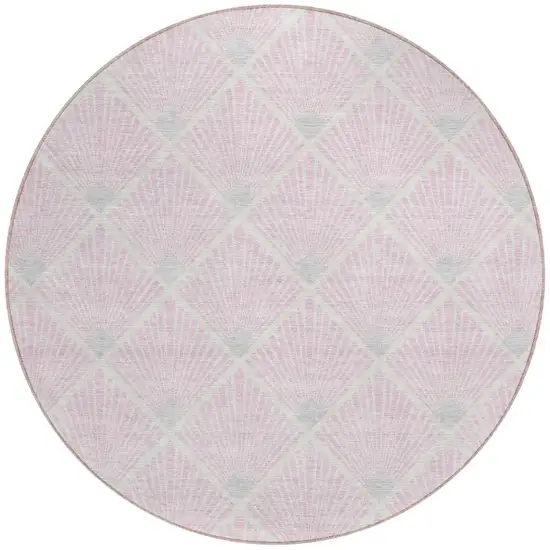 8' Pink Gray And Ivory Round Geometric Washable Indoor Outdoor Area Rug Photo 6