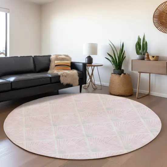 8' Pink Gray And Ivory Round Geometric Washable Indoor Outdoor Area Rug Photo 8