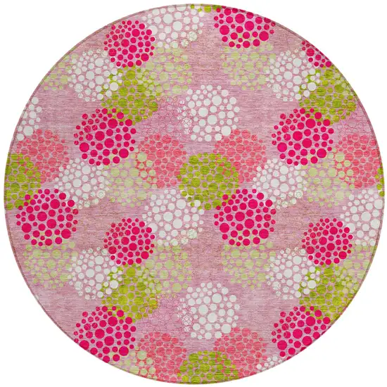 8' Pink Green And Ivory Round Polka Dot Washable Indoor Outdoor Area Rug Photo 2