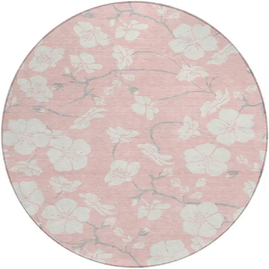 8' Pink Ivory And Gray Round Floral Washable Indoor Outdoor Area Rug Photo 2