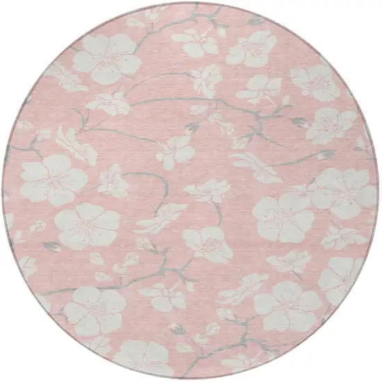 8' Pink Ivory And Gray Round Floral Washable Indoor Outdoor Area Rug Photo 4