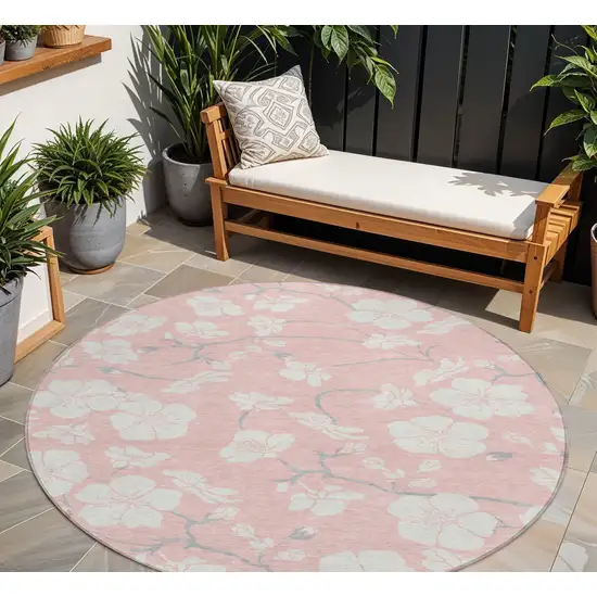 8' Pink Ivory And Gray Round Floral Washable Indoor Outdoor Area Rug Photo 1