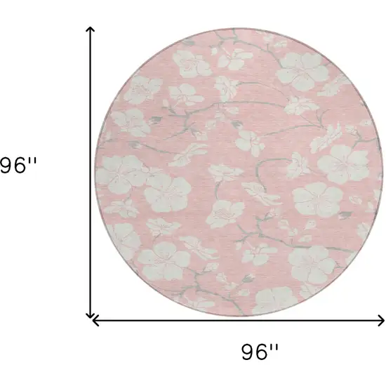 8' Pink Ivory And Gray Round Floral Washable Indoor Outdoor Area Rug Photo 5