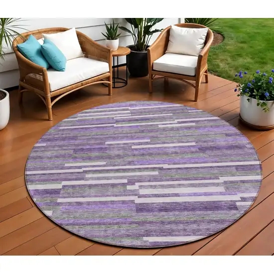 8' Purple And Gray Round Striped Washable Indoor Outdoor Area Rug Photo 1
